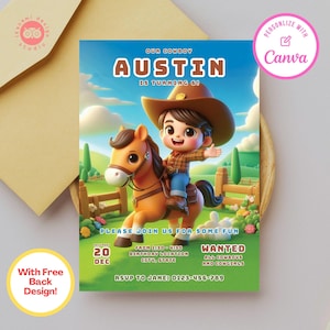 Cowboy birthday invitation, cowboy birthday, cowboy kids, cowboy, canva template, birthday party invite, birthday party invitation template