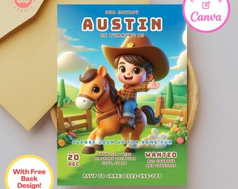 Puede incluir: Una invitación de cumpleaños colorida con un vaquero de dibujos animados montando un caballo. La invitación dice "¡Nuestro vaquero Austin cumple 6 años!" e incluye el texto "¡Únete a nosotros para divertirnos!" y "Se busca: Todos los vaqueros y vaqueras".