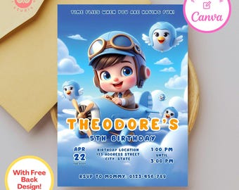 Boy Pilot Birthday Invitation: Airplane Party, Canva Template