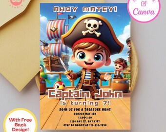 May include: Ahoy Matey! Birthday invitation featuring a cartoon pirate captain with a red and white striped pirate ship in the background. The invitation says "Captain John is turning 7!" and includes details for a treasure hunt.
