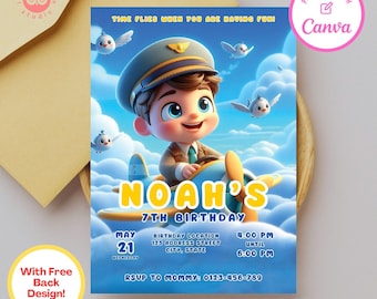 Convite de Aniversário de Piloto: Festa de Avião, Modelo Canva (Download Digital)