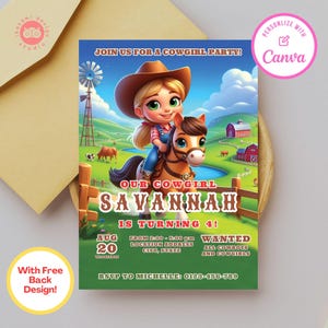 Cowgirl birthday party invitations, cowgirl birthday, cowgirl, canva template, birthday party invite, birthday party invitation template