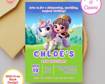 Op de afbeelding: Een kleurrijke verjaardagsuitnodiging met een cartoonmeisje dat op een eenhoorn rijdt. De uitnodiging is voor Chloe's 6e verjaardag en bevat de datum, tijd en locatie van het feest. De tekst op de uitnodiging luidt: "Doe mee met ons voor een glinsterende, sprankelende, magische verjaardag!" en "RSVP naar Mama op: 123 456 7800".