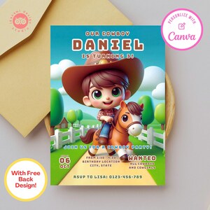 Cowboy birthday invitation, cowboy birthday, cowboy kids, cowboy, canva template, birthday party invite, birthday party invitation template