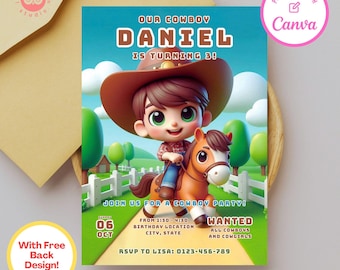 Puede incluir: Una invitación colorida para una fiesta de cumpleaños con temática de vaquero. La invitación presenta a un vaquero de dibujos animados montando un caballo con el texto "¡Nuestro Vaquero Daniel cumple 3!" y "¡Únete a nosotros para una fiesta de vaqueros!" La invitación también incluye la fecha "06 Oct" y la hora "De 13:30 a 16:30".