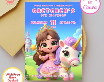 Op de afbeelding: Een verjaardagsuitnodiging met een cartoonprinses die op een eenhoorn rijdt. De uitnodiging is voor Gretchen's 5e verjaardagsparty op woensdag 11 juni om 15:00 uur. De uitnodiging bevat een roze kasteel, een blauwe lucht en groen gras.