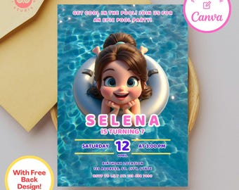 Girls Pool Party Birthday Invitation: Editable Canva Template (5x7)