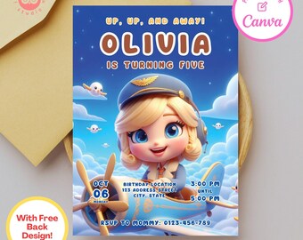 Girl Pilot Birthday Invitation: Airplane Party, Canva Template