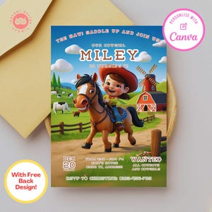 Cowgirl birthday party invitations, cowgirl birthday, cowgirl, canva template, birthday party invite, birthday party invitation template