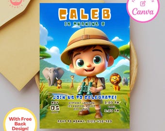 May include: A blue and orange birthday invitation for a boy named Caleb turning 8. The invitation features a cartoon illustration of a boy dressed as an explorer in a jungle setting with animals like an elephant, giraffe, and lion. The text "JOIN US TO CELEBRATE!" is in blue and white.