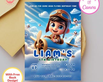 Convite de Aniversário de Piloto: Festa de Avião, Modelo Canva (Download Digital)