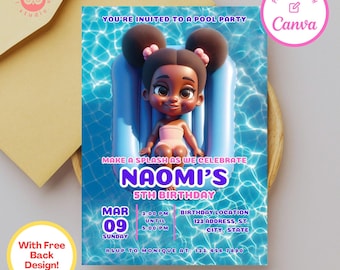 Girl's Pool Party Birthday Invitation: Editable Canva Template (5x7)