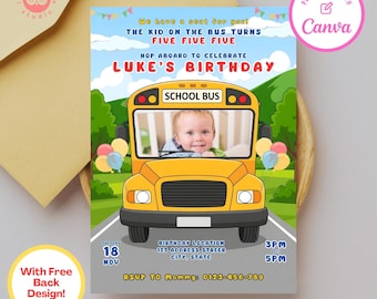Personalized school bus birthday party invitation template, the wheels on the bus