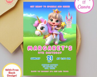 Op de afbeelding: Een groene en roze verjaardagsuitnodiging met een cartoonillustratie van een prinses die op een eenhoorn rijdt. De uitnodiging luidt "Margaret's 4th Birthday" en bevat de datum, tijd en locatie van het feest. RSVP-informatie is ook inbegrepen.