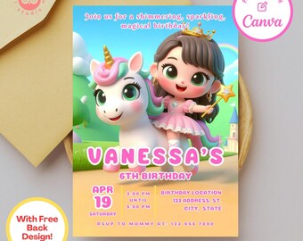 Op de afbeelding: Een roze en blauwe verjaardagsuitnodiging met een cartoonprinses die op een eenhoorn rijdt. De uitnodiging zegt "Vanessa's 6th Birthday" en bevat de datum, tijd en locatie van het feest.  RSVP-informatie is ook inbegrepen.