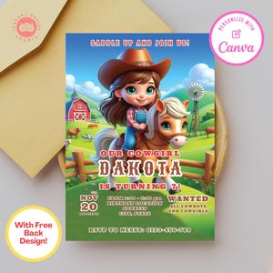 Cowgirl birthday party invitations, cowgirl birthday, cowgirl, canva template, birthday party invite, birthday party invitation template
