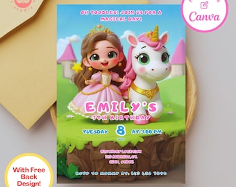 Op de afbeelding: Een printbare uitnodiging voor een 7e verjaardag. De uitnodiging toont een cartoonprinses en eenhoorn in een fantasierijke setting. De tekst op de uitnodiging luidt "Oh toodles! Join us for a magical day!" en "Emily's 7th Birthday". De uitnodiging bevat ook de datum, tijd en locatie van het feest.