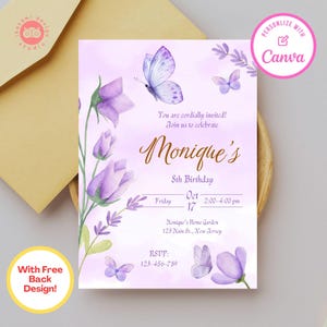 Purple butterfly birthday invitation template, butterfly invitation, birthday invitation template, birthday party invitation template