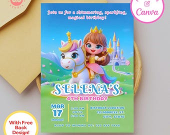 Op de afbeelding: Een kleurrijke verjaardagsuitnodiging met een prinses die op een eenhoorn rijdt in een magische omgeving. De uitnodiging is voor Selena's 4e verjaardag en bevat de datum, tijd en locatie van het feest. RSVP-informatie is ook inbegrepen.
