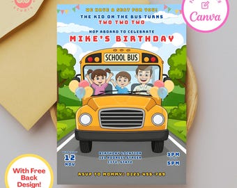 School bus birthday party invitation template, the wheels on the bus