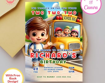 School bus birthday invitation, school bus, the wheels on the bus, canva template, birthday party invite, birthday party invitation template