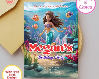 Mermaid Birthday Invitation: Editable Canva Template (Digital Download)