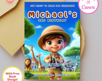 May include: A colorful invitation for a child's 2nd birthday party. The invitation features a cartoon illustration of a boy dressed as an explorer in a jungle setting. The text on the invitation reads "Get ready to come and celebrate Michael's 2nd Birthday".