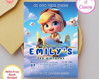 Girl Pilot Birthday Invitation: Airplane Party, Canva Template