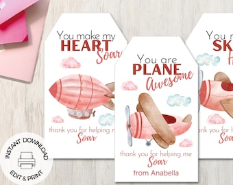 Pink Airplane Birthday Favor Tags, Plane Thank You Tags, Instant Download, Editable Printable