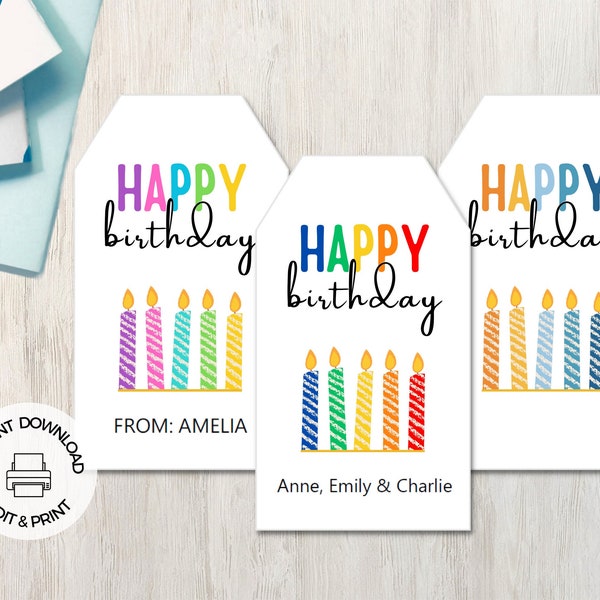 Printable Birthday Tags, Happy Birthday Gift Tag, Instant Download, Editable Printable