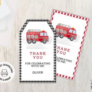 Étiquettes de faveur d'anniversaire de camion de pompier, étiquettes de remerciement, téléchargement instantané, imprimable modifiable