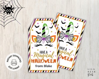 Etiquetas de unicornio para Halloween: Regalos editables para el aula infantil (descarga digital)