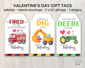 Fire Truck Valentine Gift Tags, Construction Vehicle, Kids Classroom Favors (Digital Download)