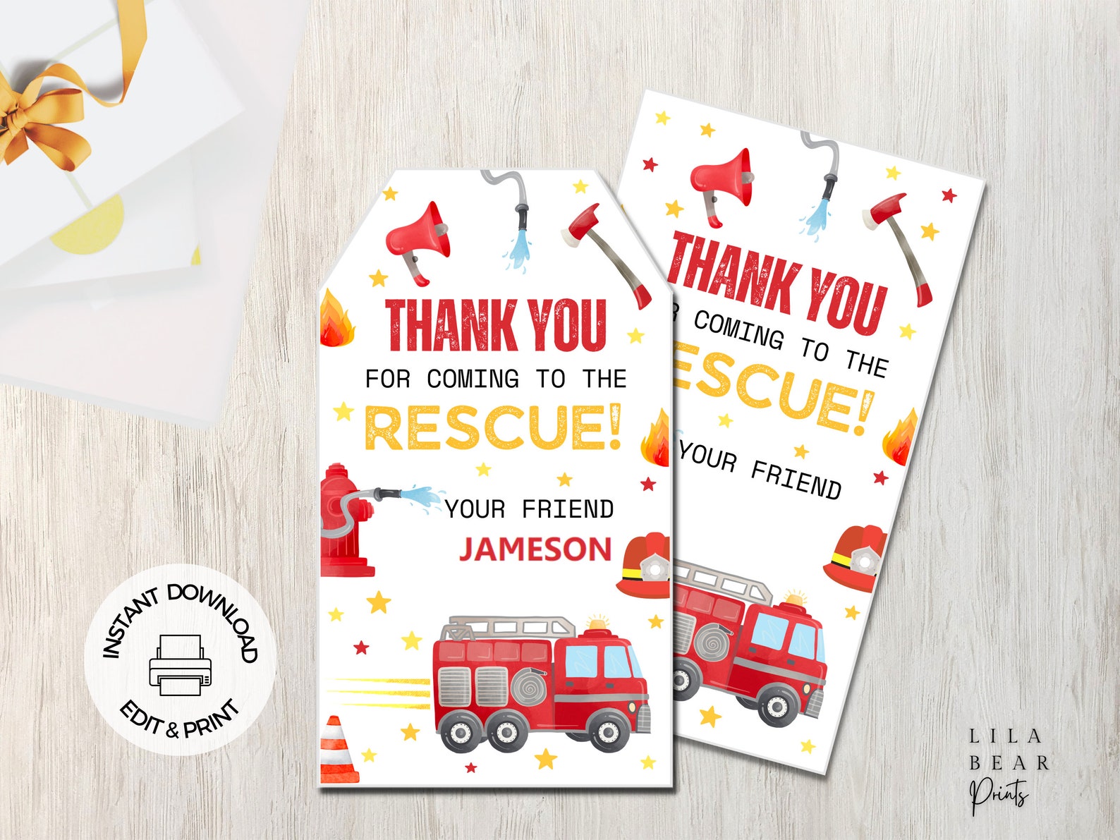 Fire Truck Birthday Favor Tags, Thank You Tags, Instant Download ...