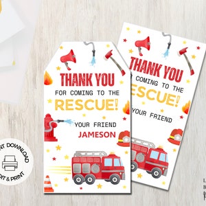 Etiquetas de lembrança de aniversário de caminhão de bombeiros, etiquetas de agradecimento, download instantâneo, editáveis para impressão