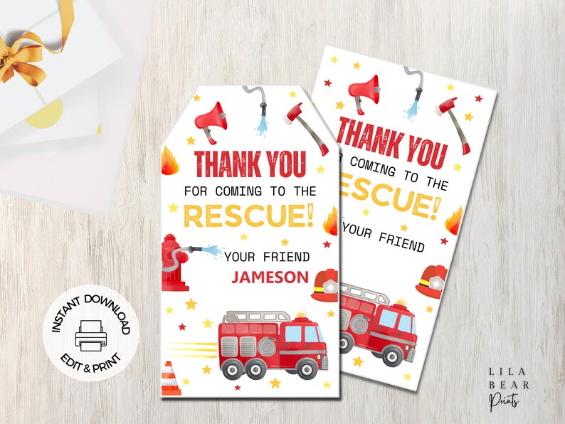 Fire Truck Birthday Favor Tags, Thank You Tags, Instant Download ...