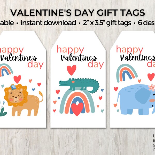 Valentine's Day Tags, Alligator Lion Giraffe Elephant Hippopotamus Zebra, Kids Valentine, Classroom Favors, Instant Editable Download