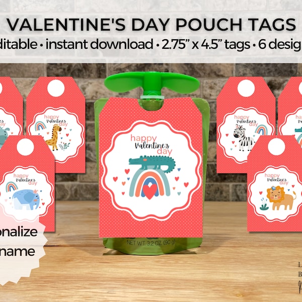 Applesauce Valentine’s Day Tags, Alligator Lion Giraffe Elephant Hippopotamus Zebra, Kids Valentine, Classroom Favors, Preschool Valentine