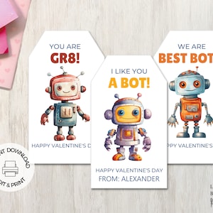 Robot Valentine&#39;s Day Gift Tags, Robot Valentine, Kids Valentine, Classroom Favors, Preschool Valentine, Instant Editable Download