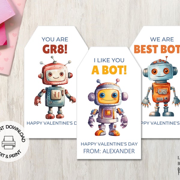 Robot Valentine's Day Gift Tags, Robot Valentine, Kids Valentine, Classroom Favors, Preschool Valentine, Instant Editable Download