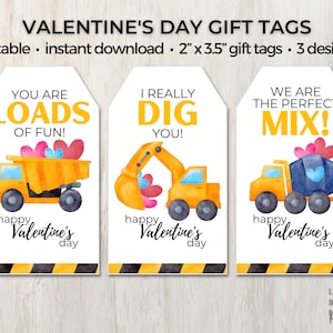Bouw Valentijnsdag Cadeaukaartjes, Graafmachine Dump Truck Cement Mixer, Kids Valentine, Klaslokaal Favor, Instant bewerkbare download