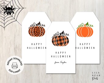 Etiquetas imprimibles para recuerdos de Halloween: Diseños de calabaza (descarga instantánea)