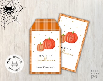 Etiquetas personalizadas para regalos de Halloween: Diseño de calabaza (Descarga digital)