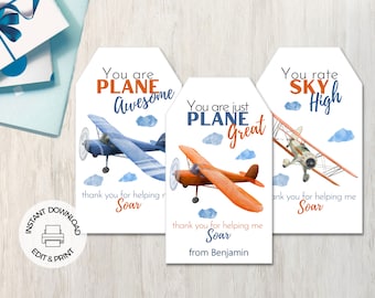 Etiquetas de favor de cumpleaños de avión, etiquetas de agradecimiento de avión, descarga instantánea, editable imprimible