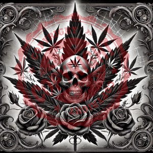 May include: A black and white illustration of a skull with a marijuana leaf on its forehead, surrounded by marijuana leaves and roses. The skull is in the center of the image and is surrounded by a decorative frame.