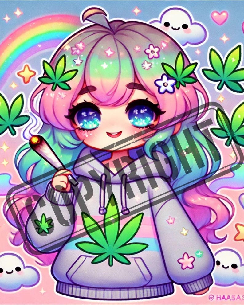Kawaii Weed Digital Art - Cute Aesthetic Cannabis PNG, Pastel Stoner ...