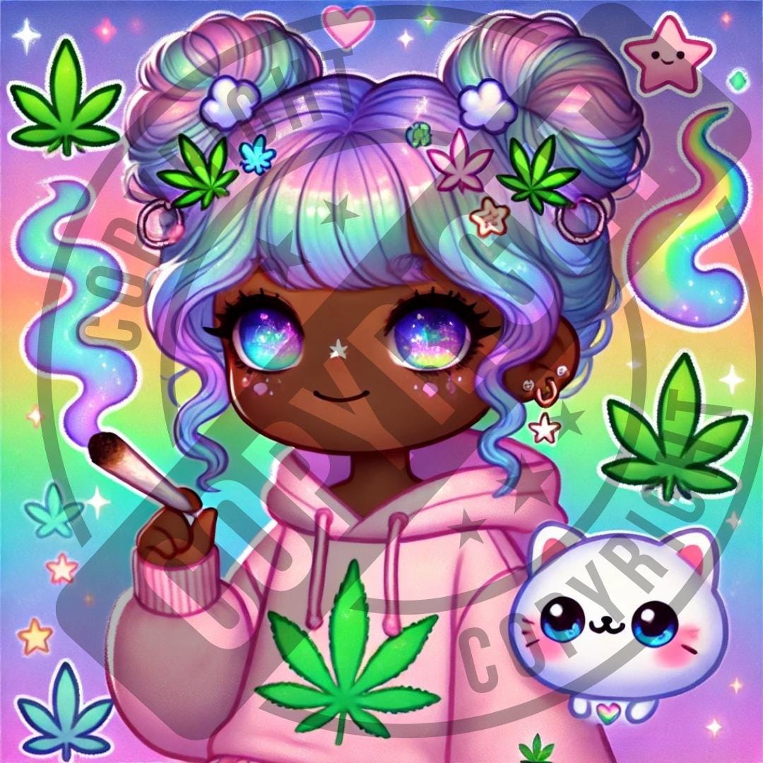 Kawaii Stoner Chibi Art Print | Cute Chibi Girl With Floating Cloud Cat ...