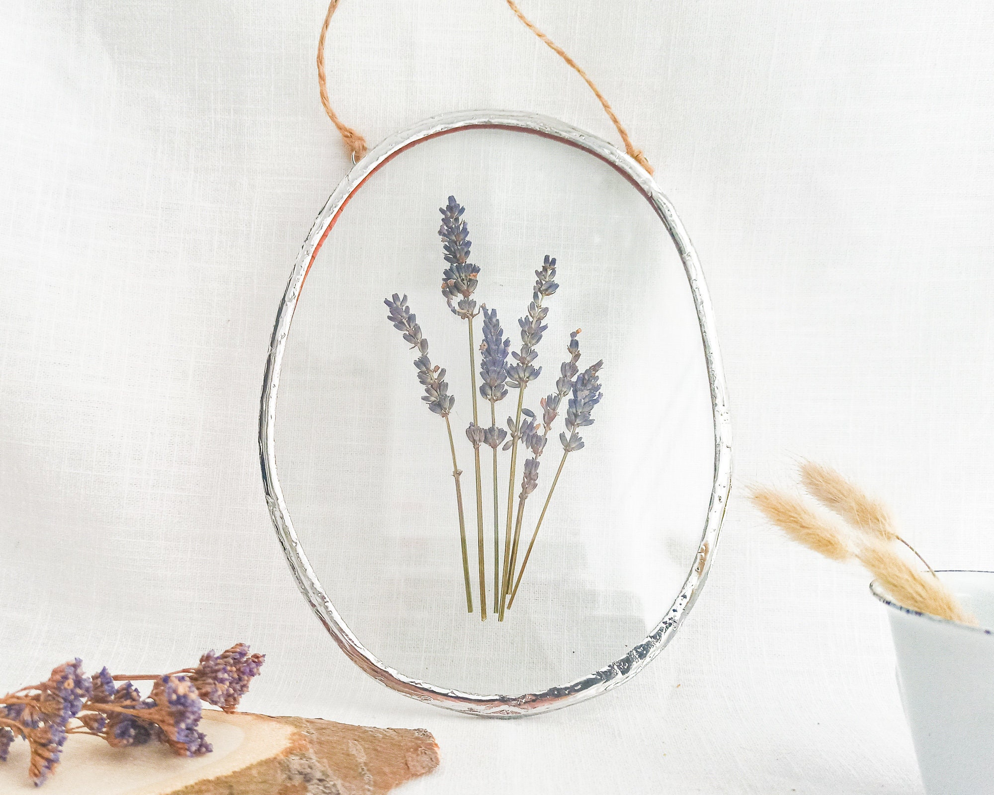 Herbarium Stained Glass Frame, Real Lavender Large Wall Art in Glass