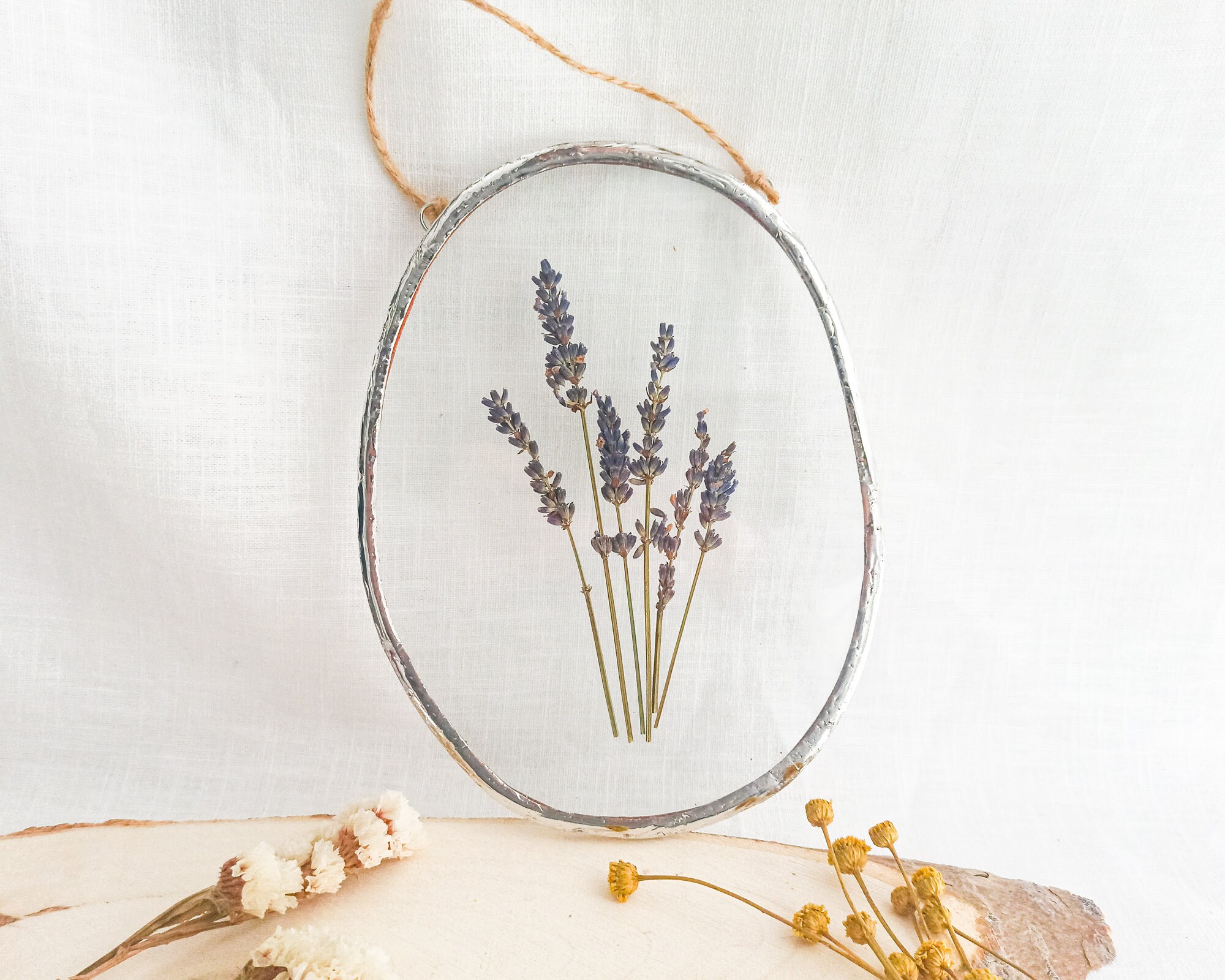 Herbarium Stained Glass Frame, Real Lavender Large Wall Art in Glass