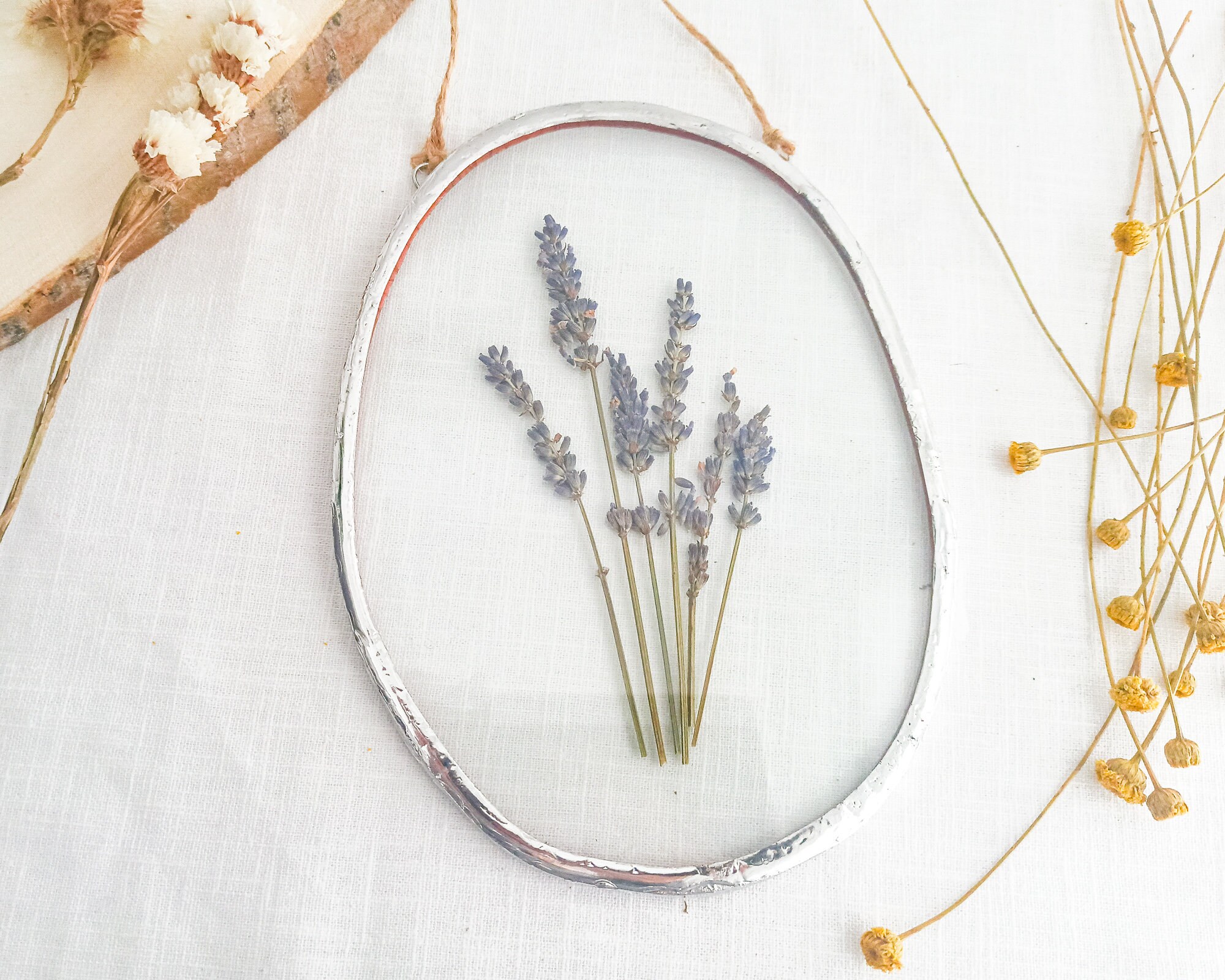 Herbarium Stained Glass Frame, Real Lavender Large Wall Art in Glass